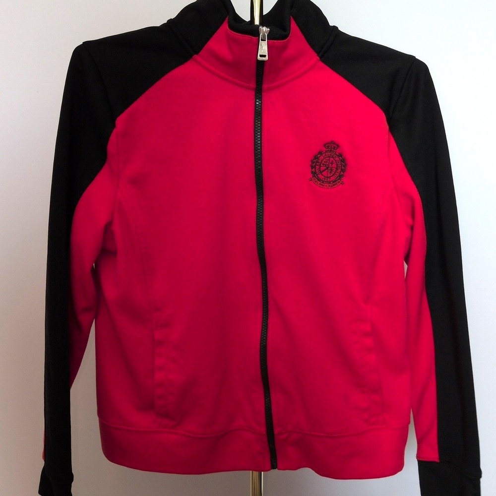 Ralph Lauren Active Track Jacket Womens L Red Black Crest Zip Up Athleisure Coat